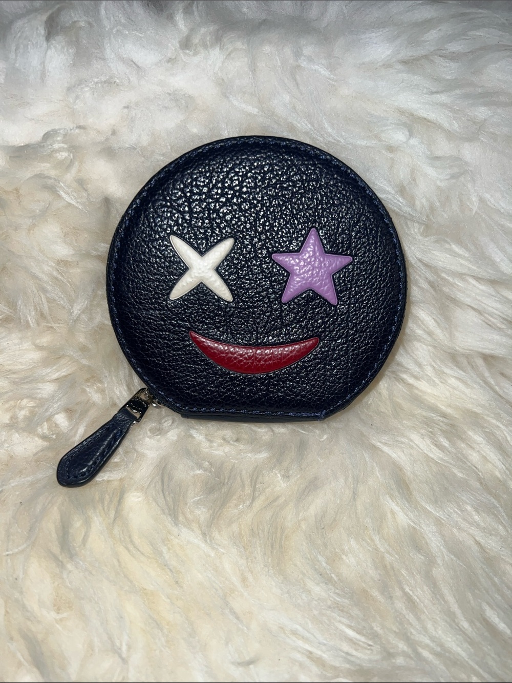 Coach Navy Smiley face Emoji Zip Coin Pouch with Star Eyes